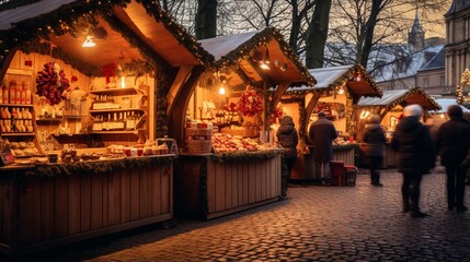 A charming Christmas market with wooden stalls selling festive treats and decorations.
