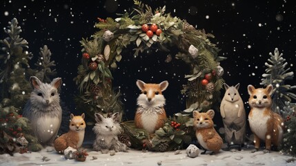 Obraz premium A group of adorable woodland animals gathered around a festive wreath in the snow.