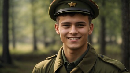 Young russian soldier in the woods smiling 