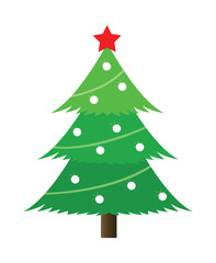 Vector illustration of decorated Christmas tree in snow on a white background. Green fluffy Christmas pine, isolated on a white background 
