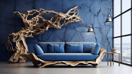 Living Room with Blue Sofa, Wooden Tree Root Backrest & Stone Decor, generative Ai