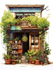 Fototapeta na wymiar Nature's Abode: An Illustration of a Green-Covered Building with a Herb Store and Living Space,traditional house in the village,japanese house