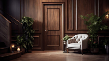 Modern Entrance Hall with Sleek Door & Wooden Paneling Walls Interior Design, generative Ai