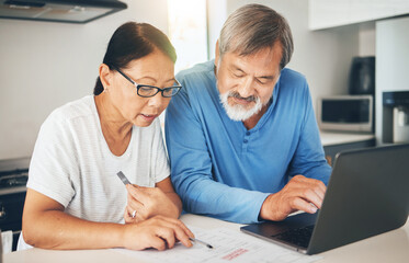 Couple, computer and home documents for finance, loan payment and mortgage planning, bills and...