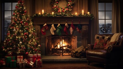 A Photograph capturing the essence of holiday cheer, featuring a cozy fireplace adorned with stockings and a beautifully decorated Christmas tree.