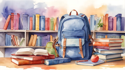 watercolor school books, textbooks, backpack with library background