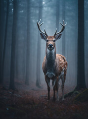 Axis deer in a forest animal fog ghostly eerie atmosphere