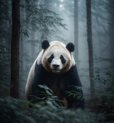 Giant panda in the dark forest animal fog ghostly eerie atmosphere