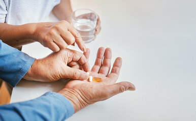 Health, pills in hands and water with people and pharmaceutical drugs for wellness and medicine....