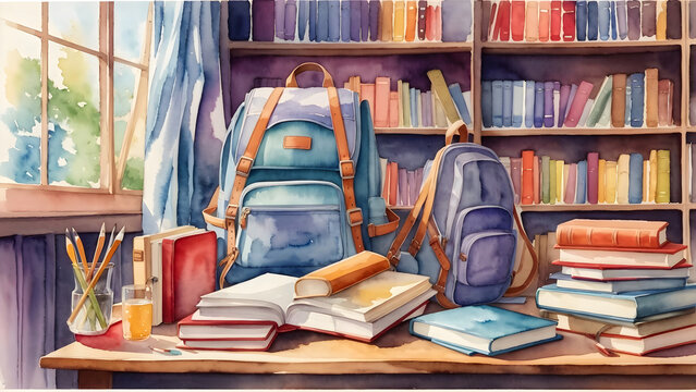 watercolor school books, textbooks, backpack with library background