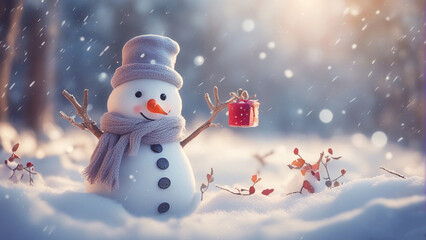 A lone snowman surrounded by falling snow shimmers with mesmerizing light bokeh.