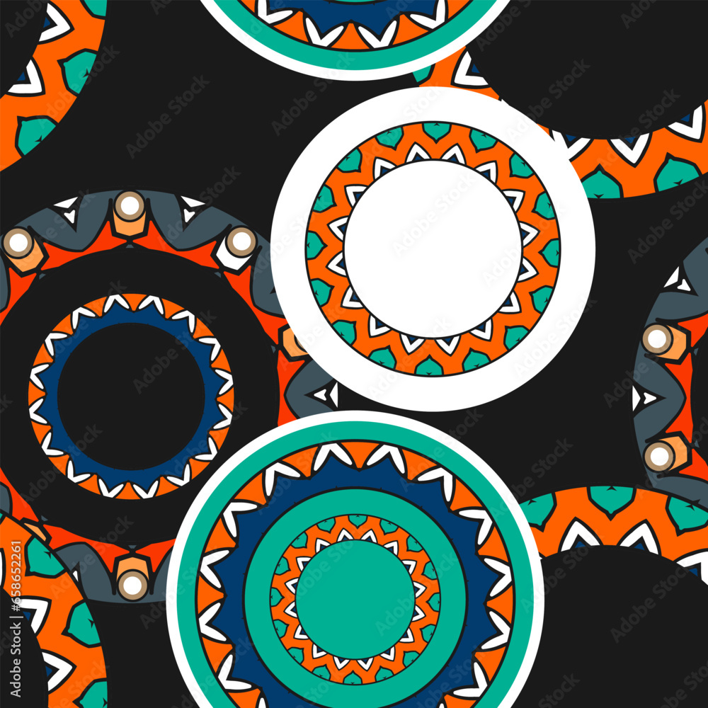 Aufkleber seamless pattern with randomly placed multi-colored ornamented rings on a black background. vector i