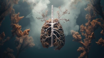Abstract illustration of human lungs with smoke and fog. Ecology and health care concept.  - obrazy, fototapety, plakaty