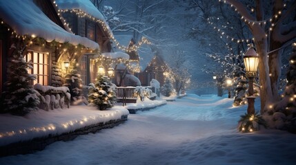 A Photograph of a serene winter wonderland, adorned with twinkling lights and a blanket of fresh snow, invites you to pen heartfelt holiday wishes. - obrazy, fototapety, plakaty