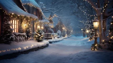 Tuinposter A Photograph of a serene winter wonderland, adorned with twinkling lights and a blanket of fresh snow, invites you to pen heartfelt holiday wishes. © AQ Arts