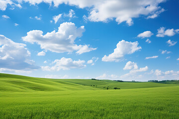 Fototapeta na wymiar Green Hills Meadows Under Blue Sky White Clouds 