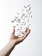 human hand with falling medical pills on pure background. Creative close up pharmacy or health care concept. Medical treatment for disease flu virus. - obrazy, fototapety, plakaty