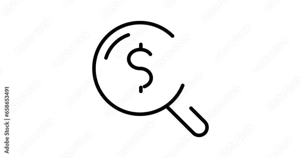 Poster dollar search animated outline icon with alpha channel. dollar search 4k video animation for web, mo