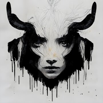 black goat whichery horro movie girl face merge dripping ink sketch amazing drawing abstract perfection vector 4k printing 