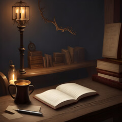 Blank logbook, pen nib, background: dark old table, jungle plant, beautiful atmosphere, magic, cozy,dreamy,