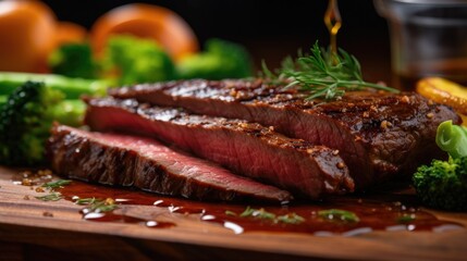 Slices of grilled beef steak on a cutting board with vegetables