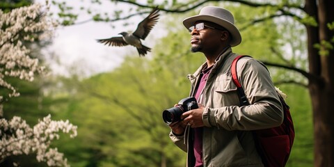 African american birdwatcher documenting rare bird species in an urban park, concept of Biodiversity conservation - obrazy, fototapety, plakaty
