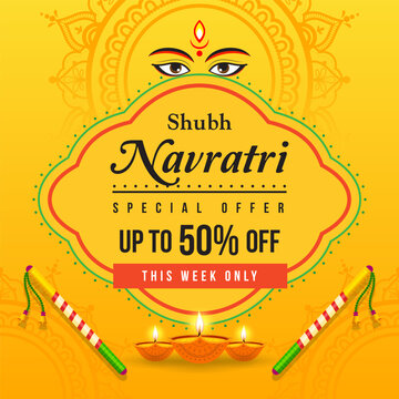 Shubh Navratri(Happy Navratri) sale template vector illustration. Goddess Mahadevi, Dance sticks and Diya oil lamps on yellow background.