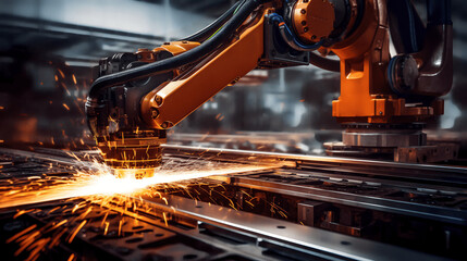 Laser Robot Cutting Metal in an Advanced Industrial Factory Setting, generative Ai
