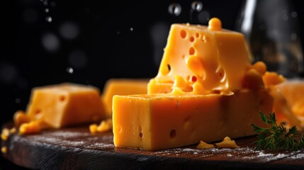 Swiss cheese emmental with water drops on a black background.