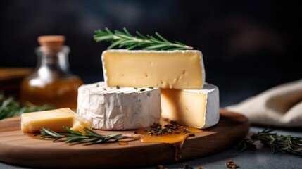 Camembert cheese with rosemary and honey on a wooden board