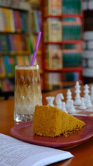 a slice of cake, a glass of cold coffee, book and chess board