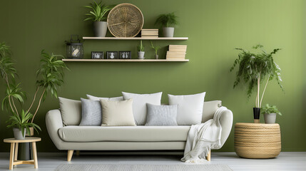 Scandinavian Modern Living Room with Rattan Sofa, Green Cushions, and Lush Plants, generative Ai