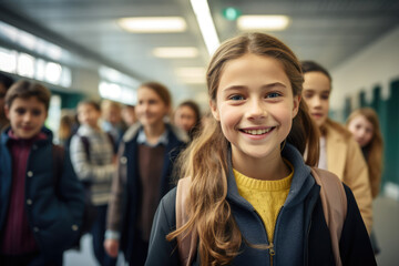 a girl walking in an educational school hallway with a group of pupils