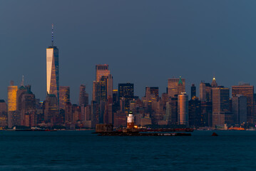 Cityscape landscape at blue hour about New York. included the robbins reef lighthouse. New York...