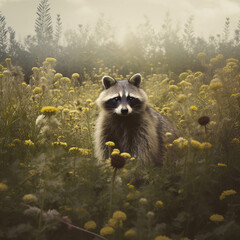 Obraz premium Nature's Acrobat: A Raccoon Amidst a Field of Wildflowers