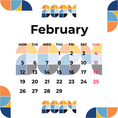 Calendar Template February 2024 Yellow Blue Orange. Simple Minimalist Vector illustration Design.