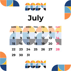 Calendar Template July 2024 Yellow Blue Orange. Simple Minimalist Vector illustration Design.