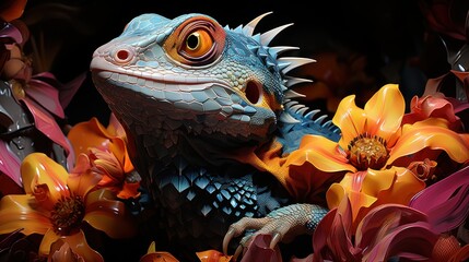 Obraz na płótnie Canvas Organic Gecko: A colorful journey through the wild. Lizard on a background of beautiful flowers.