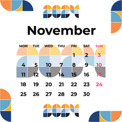 Calendar Template November 2024 Yellow Blue Orange. Simple Minimalist Vector illustration Design.