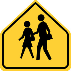 Transparent PNG of a Vector graphic of a USA old style School Zone Ahead mutcd highway sign. It consists of a child and an adult crossing the road in a yellow arrow shape