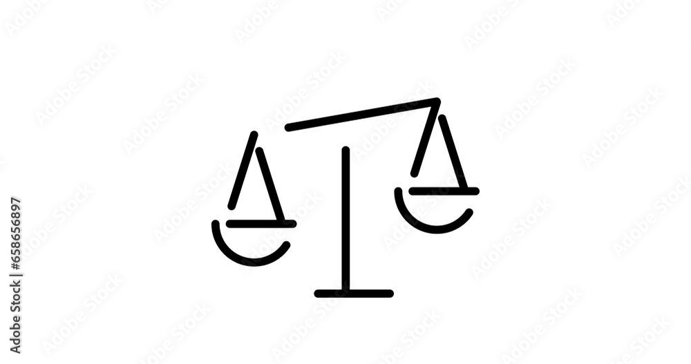 Poster scales of justice animated outline icon with alpha channel. scales of justice 4k video animation for