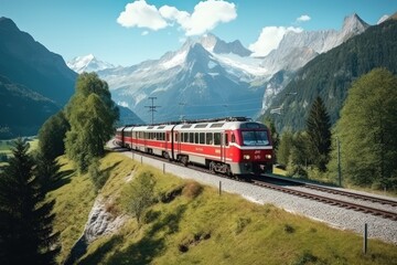 Fototapeta premium Suburban passenger train. A locomotive pulls a passenger train along a winding road among the summer forest and mountains. Picturesque scenery and train travel.