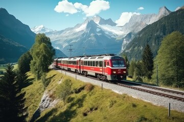 Suburban passenger train. A locomotive pulls a passenger train along a winding road among the summer forest and mountains. Picturesque scenery and train travel. - obrazy, fototapety, plakaty