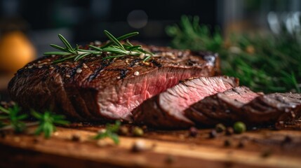 Grilled beef steak with rosemary and spices on a wooden board - obrazy, fototapety, plakaty