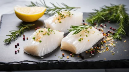 Poster Raw white fish fillet with spices and lemon on wooden cutting board © TheoTheWizard