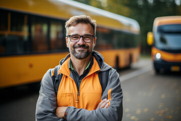 Portrait of a school bus driver with the yellow bus in background - obrazy, fototapety, plakaty
