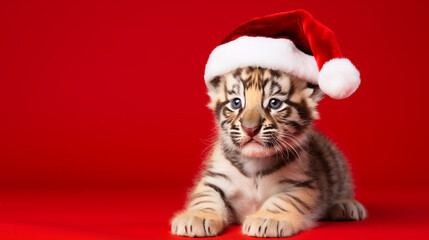 Cute tiger dressed in Santa Claus hat, on red background, space for text, Merry Christmas, New Year card, generative AI