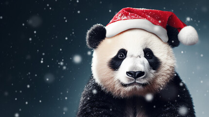 Panda dressed in Santa Claus hat, space for text, Merry Christmas, New Year card, generative AI