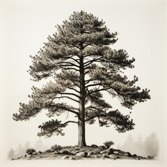 pine tree on a mountain,illustration of a tree,Traditional Chinese Black and White Ink Painting of a Tree,Lone Sentinel: A Coniferous Tree in a Mountainous Landscape