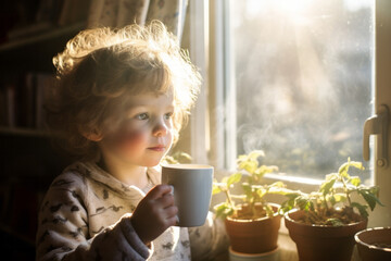 Fototapeta premium Child blowing on a steaming mug of hot chocolate on winter morning day